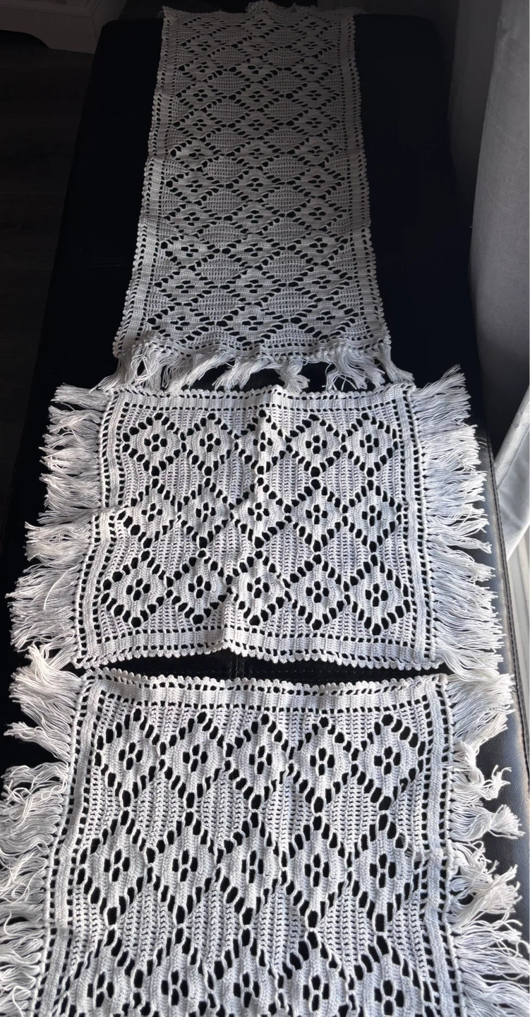 White Crochet Table Runner with Fringe - photo 2