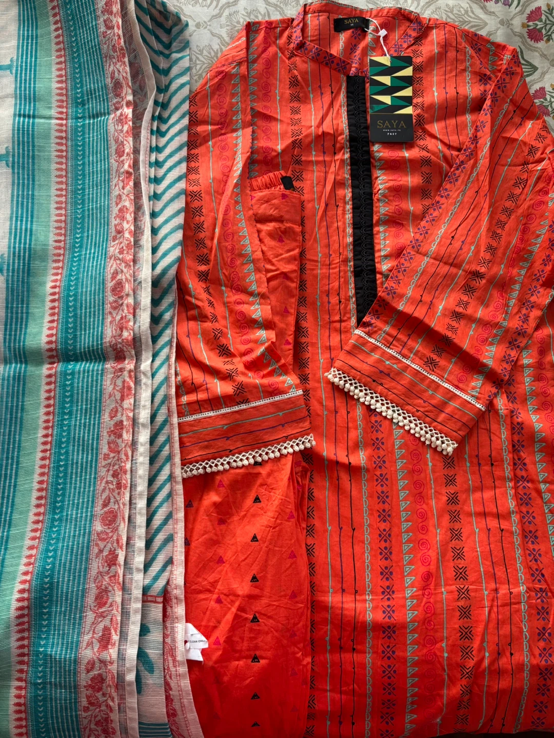 3 piece SAYA Orange Printed Kurti with Dupatta - Medium