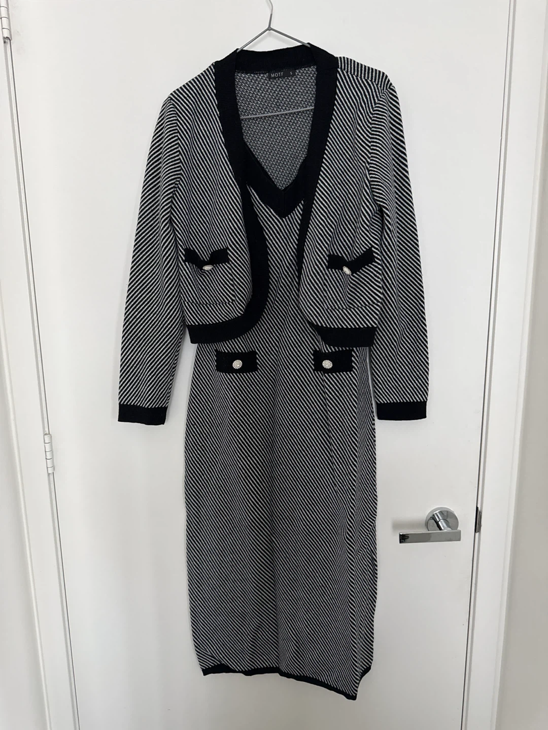 MOTF Premium Wool Striped Knit Dress with Cardigan Set