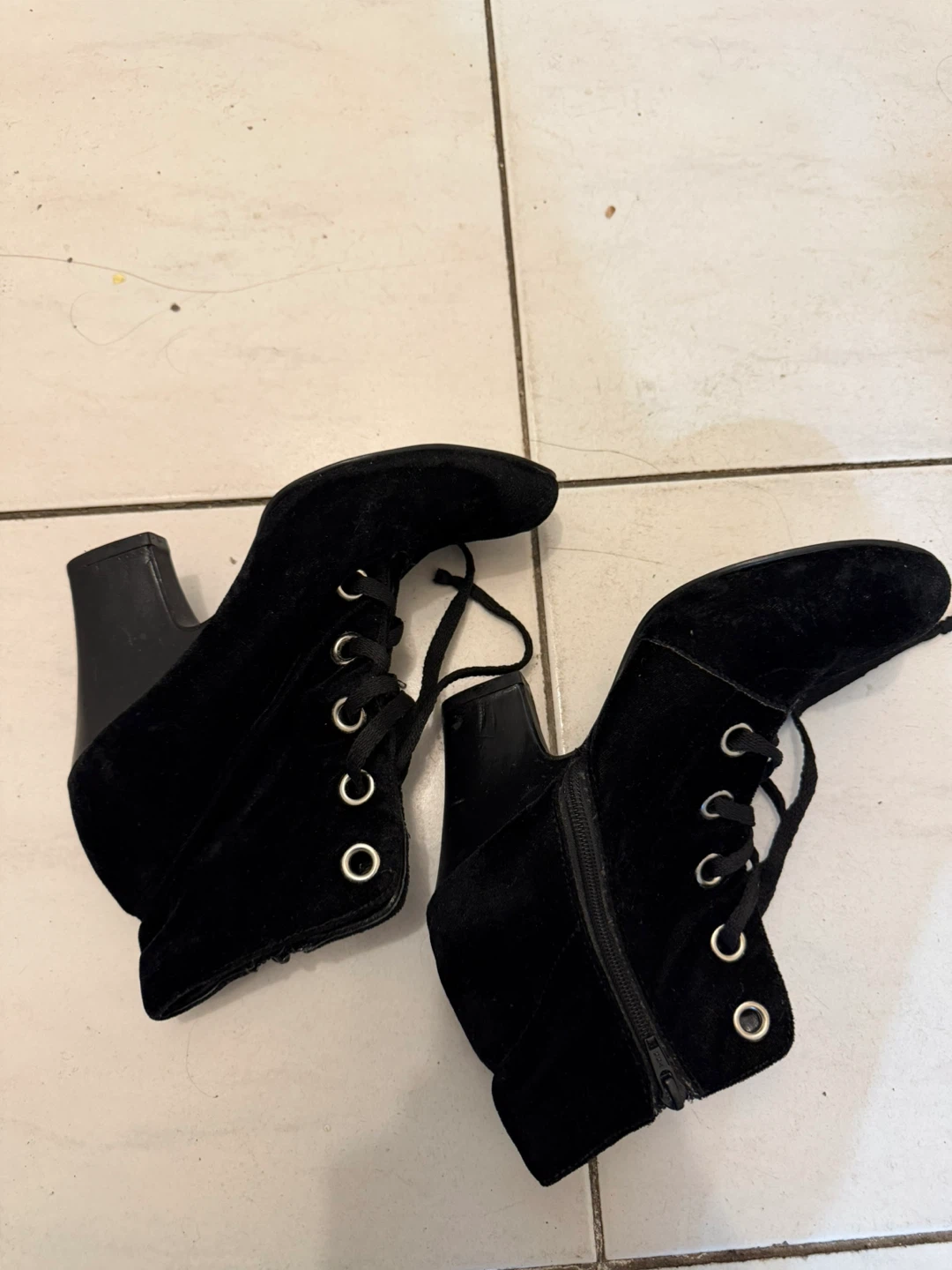 Black Velour Lace-Up Heeled Ankle Boots - photo 2
