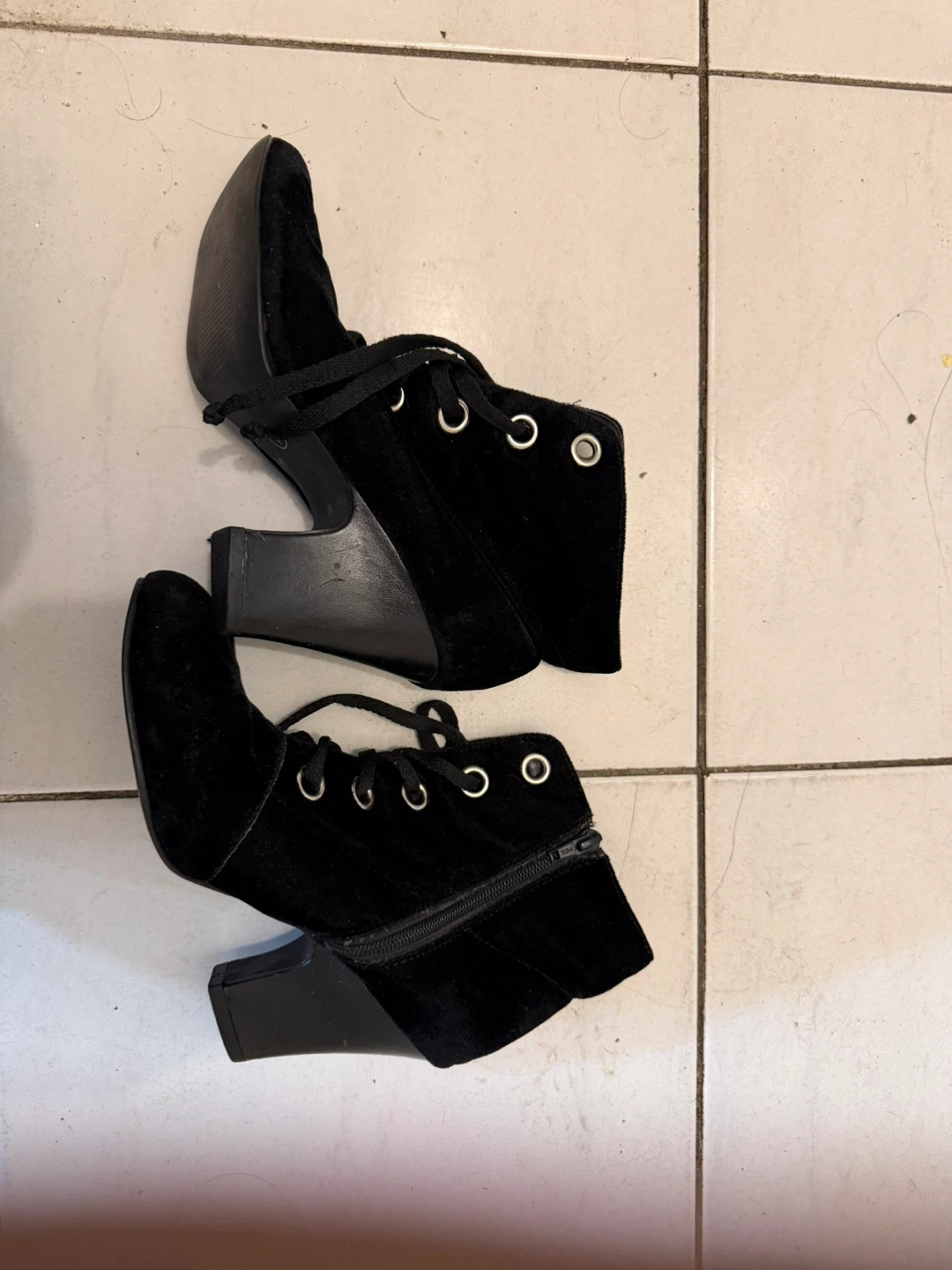 Black Velour Lace-Up Heeled Ankle Boots