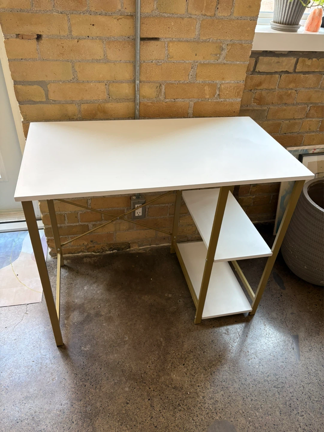 White and Gold Compact Desk with Shelves