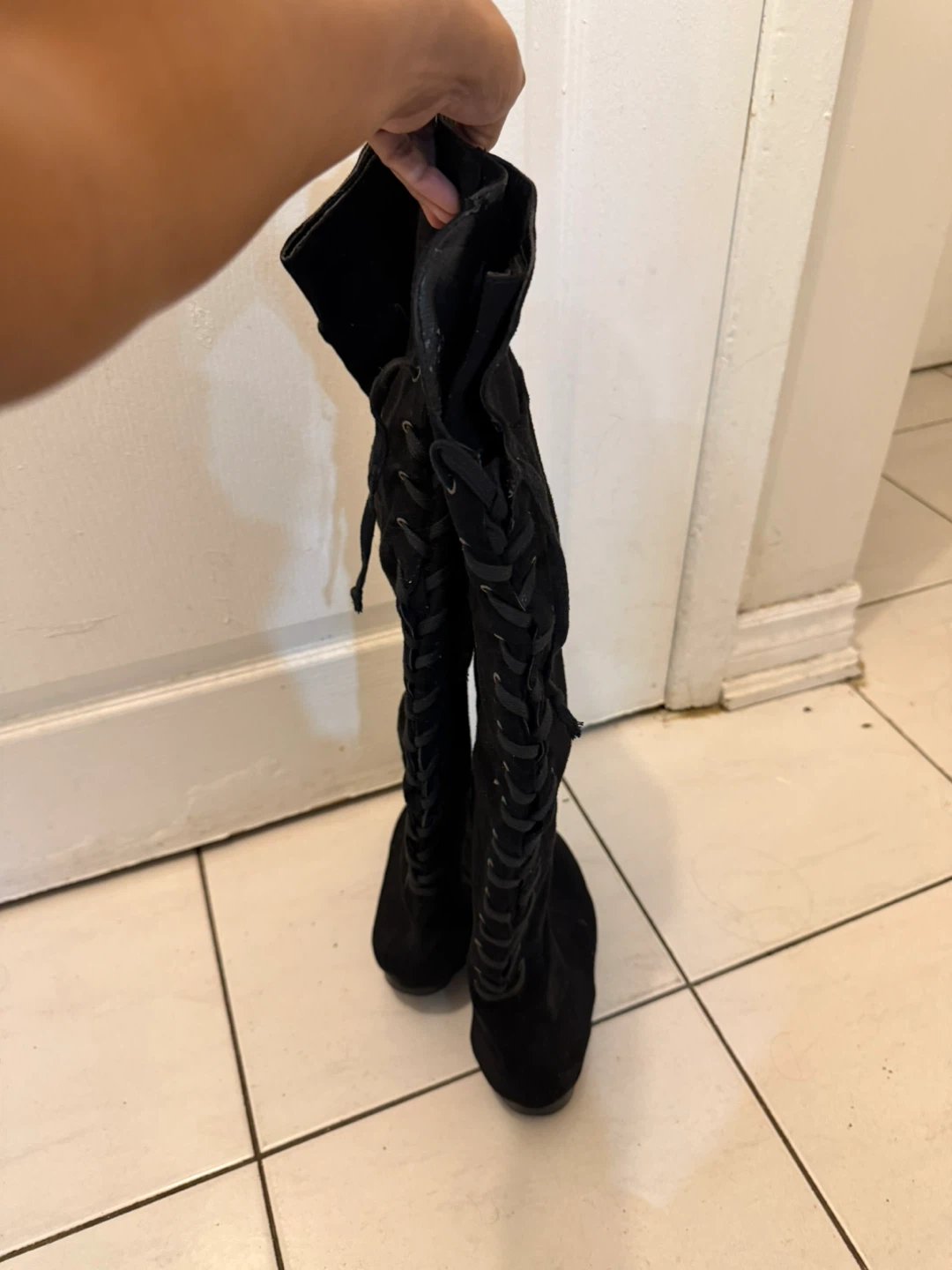 Black Suede Lace-Up Knee-High Boots - photo 3