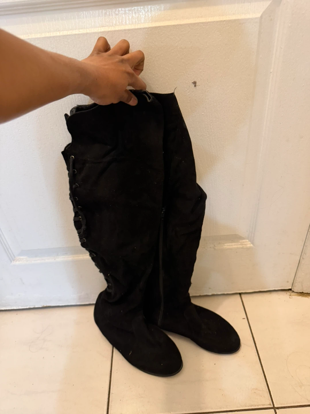 Black Suede Lace-Up Knee-High Boots