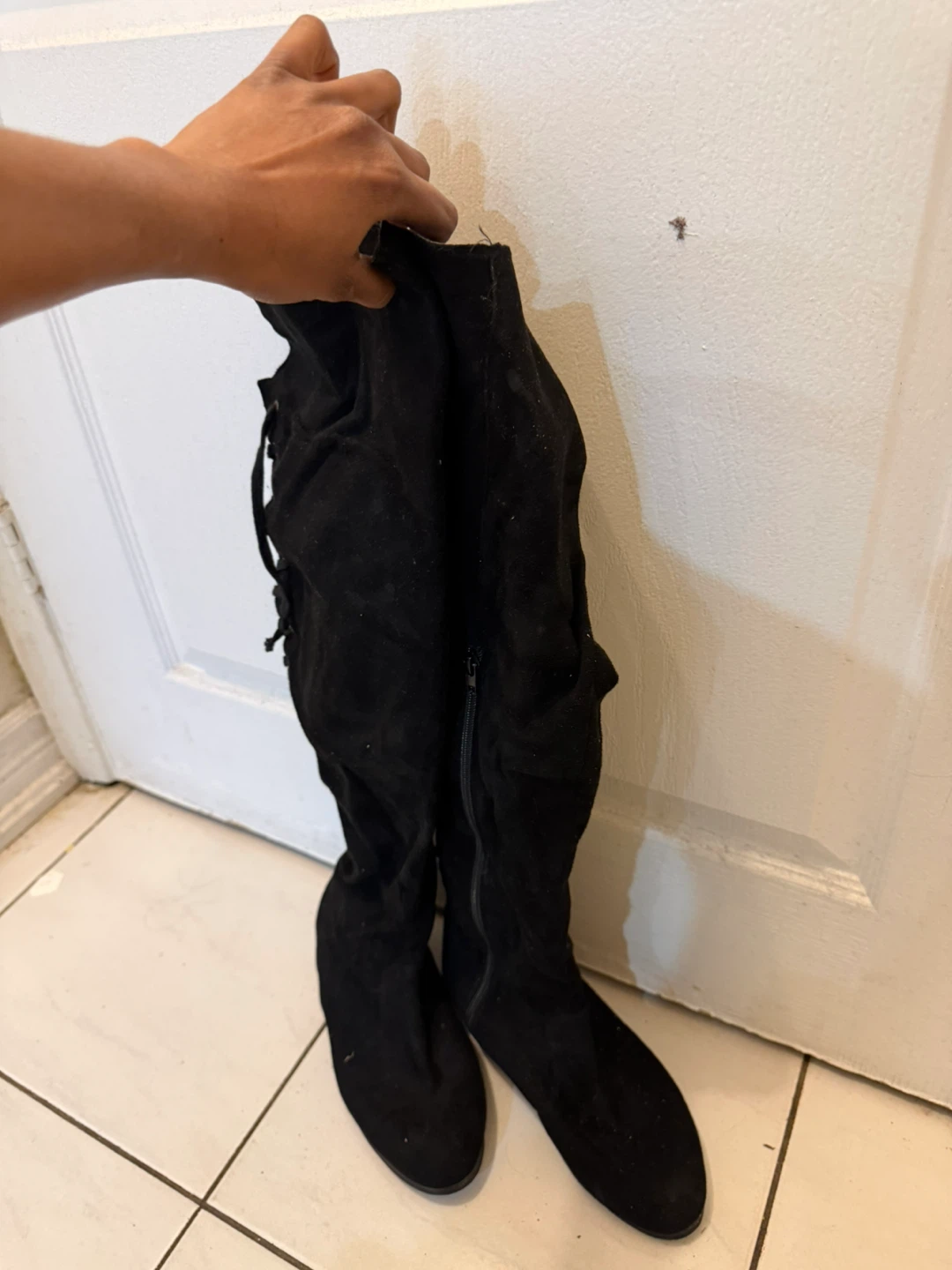 Black Suede Lace-Up Knee-High Boots - photo 2