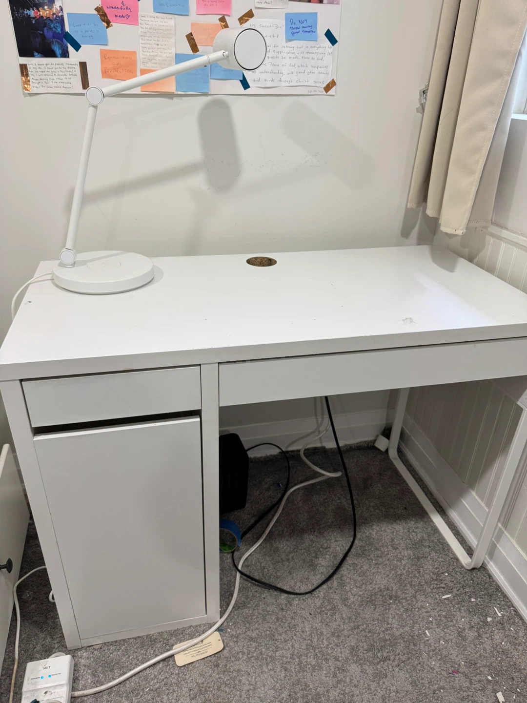 White IKEA MICKE Desk with Drawer and Lamp (wireless charger)