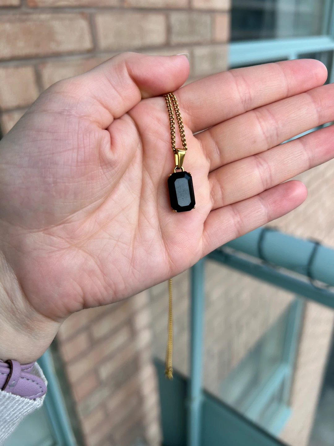 Gold Necklace with emerald cut Onyx pendant