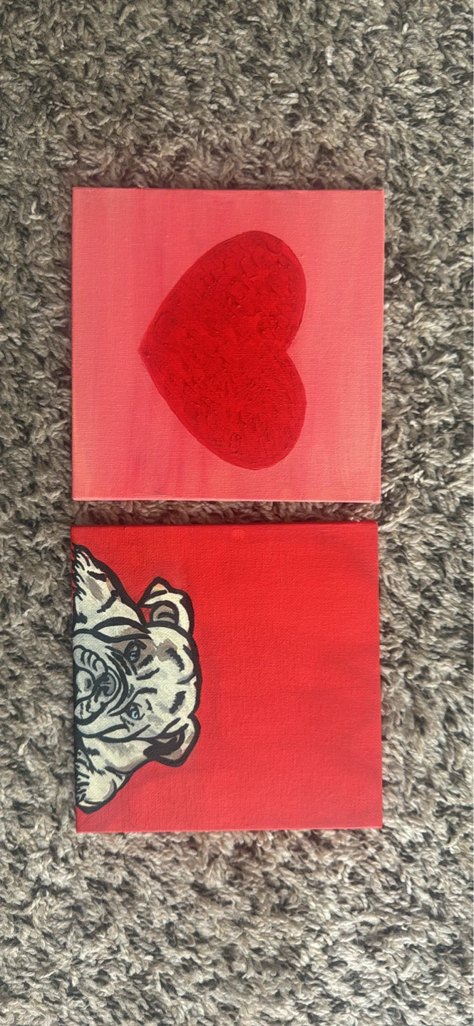 Set of 2 Small Canvas Paintings - Bulldog and Heart