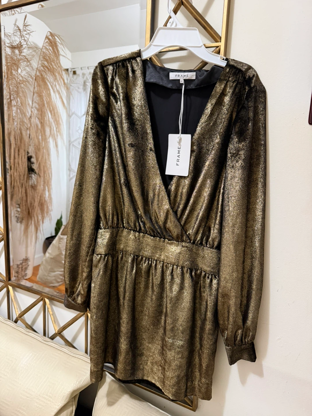 FRAME Gold Metallic V-Neck Long Sleeve Dress - photo 3