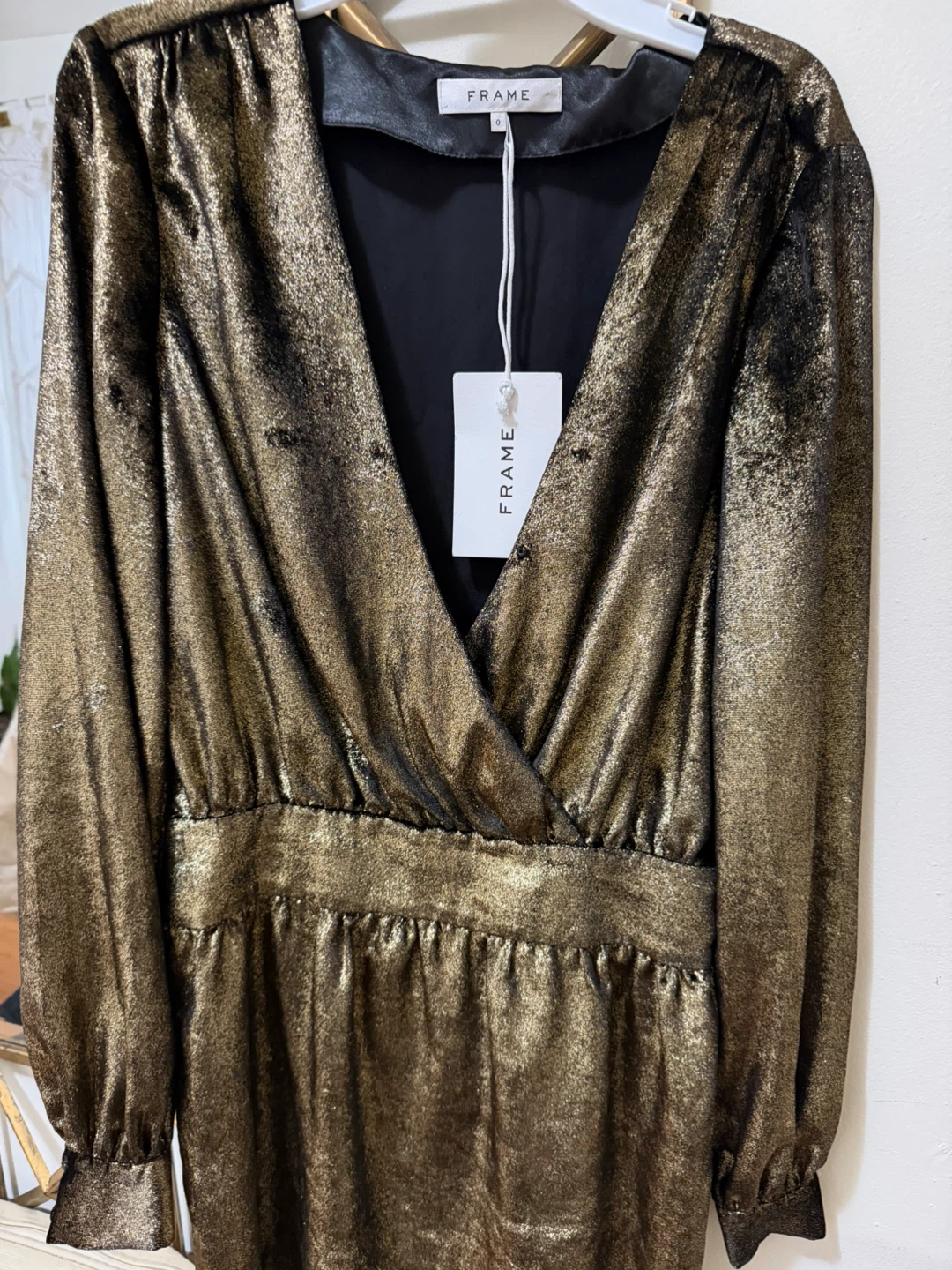 FRAME Gold Metallic V-Neck Long Sleeve Dress - photo 5