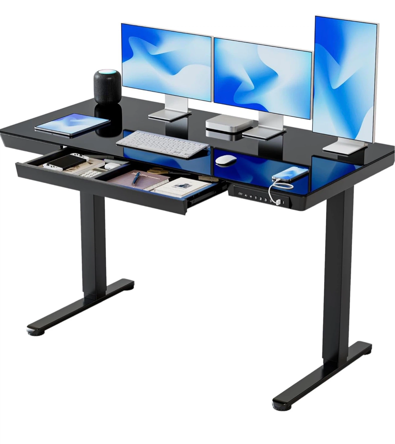 FEZIBO Electric Standing Glass Top Desk with Drawer