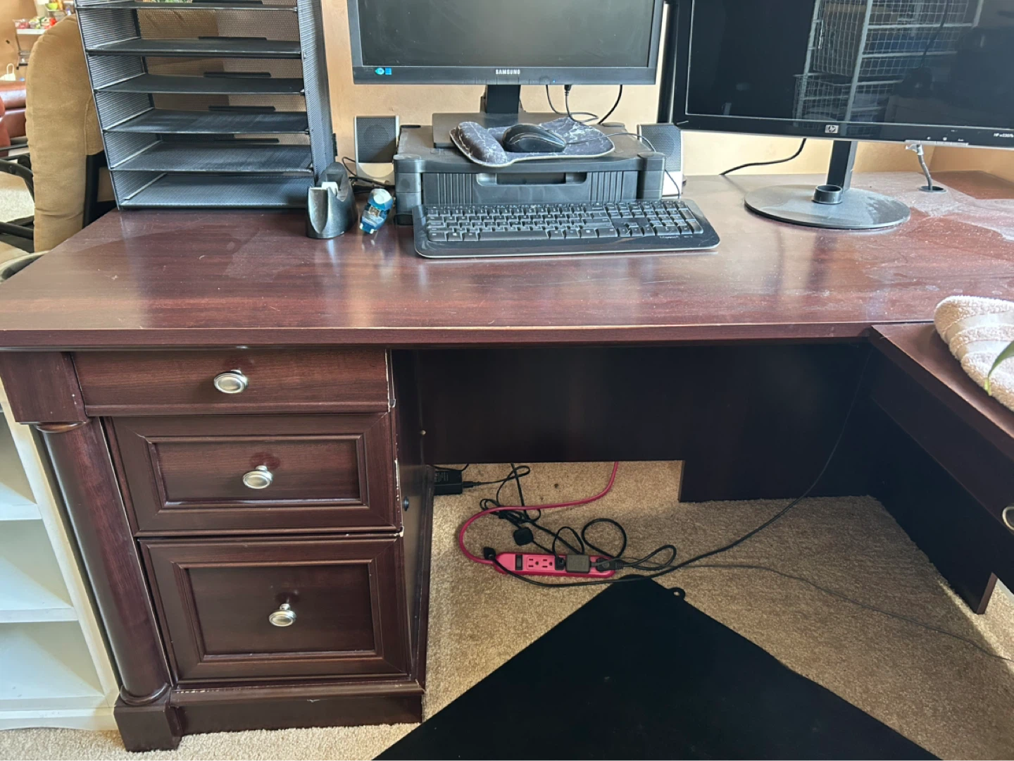 Dark Wood L-Shaped Desk with Drawers