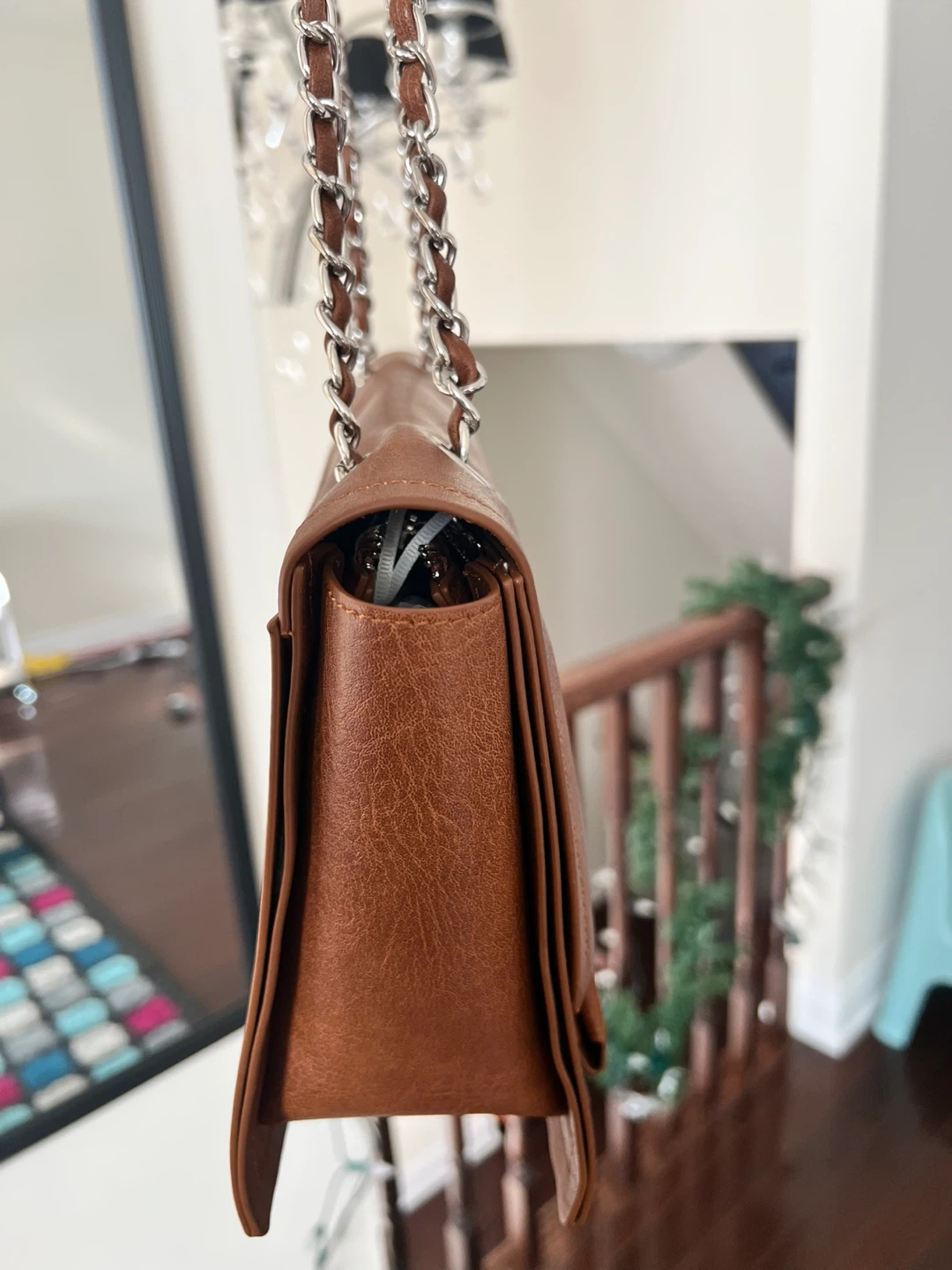Brown Faux Leather Crossbody Purse with Silver Chain - photo 2