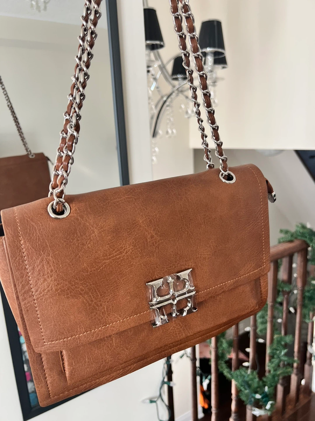 Brown Faux Leather Crossbody Purse with Silver Chain