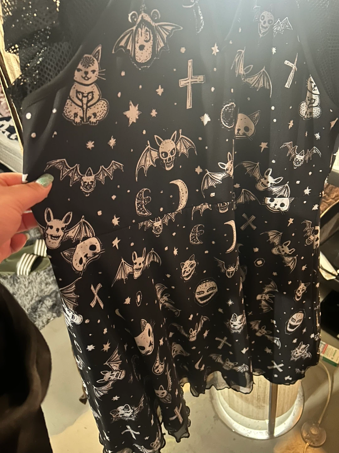 Black Gothic Print Dress with Mesh Overlay