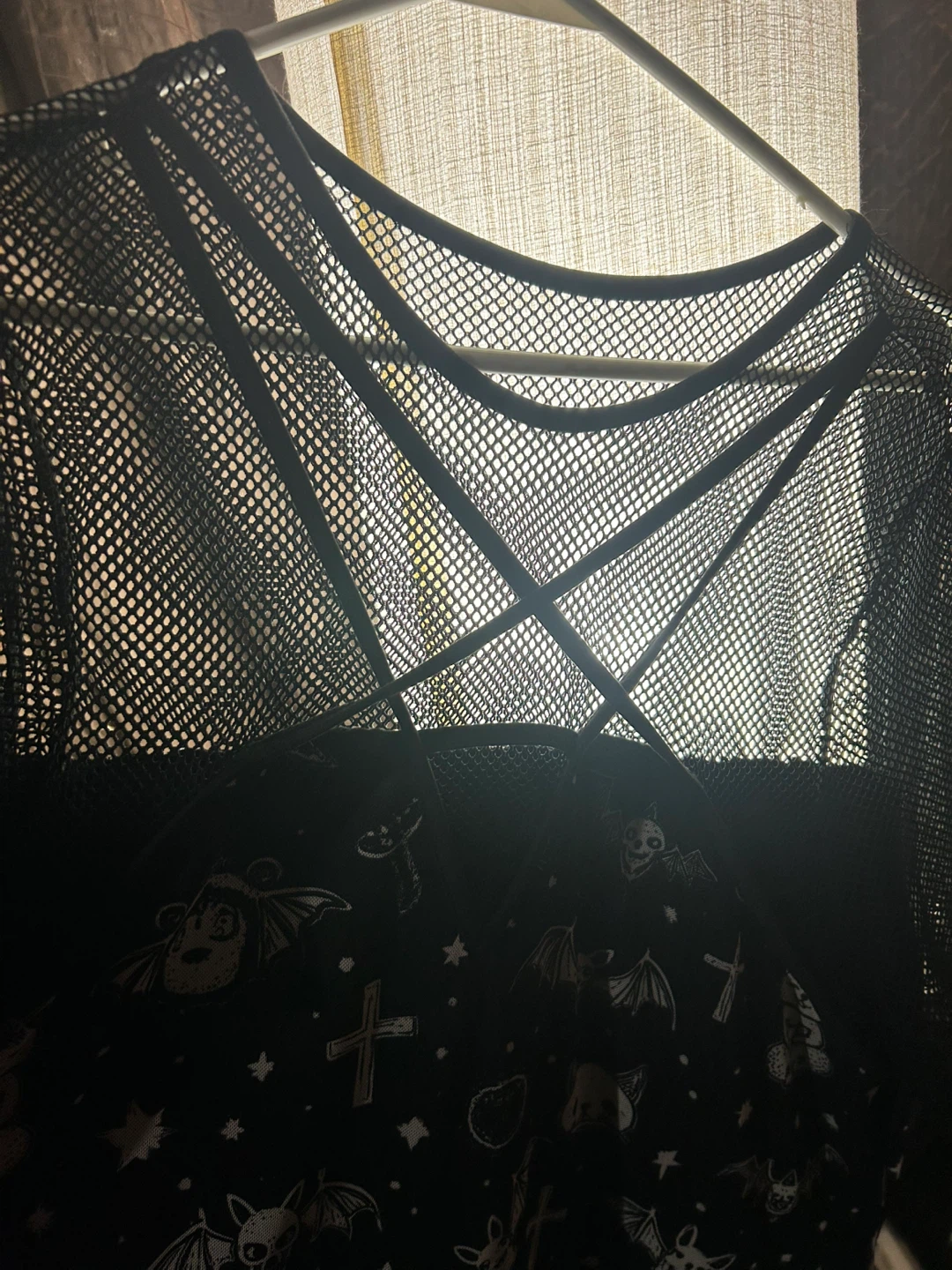 Black Gothic Print Dress with Mesh Overlay - photo 3