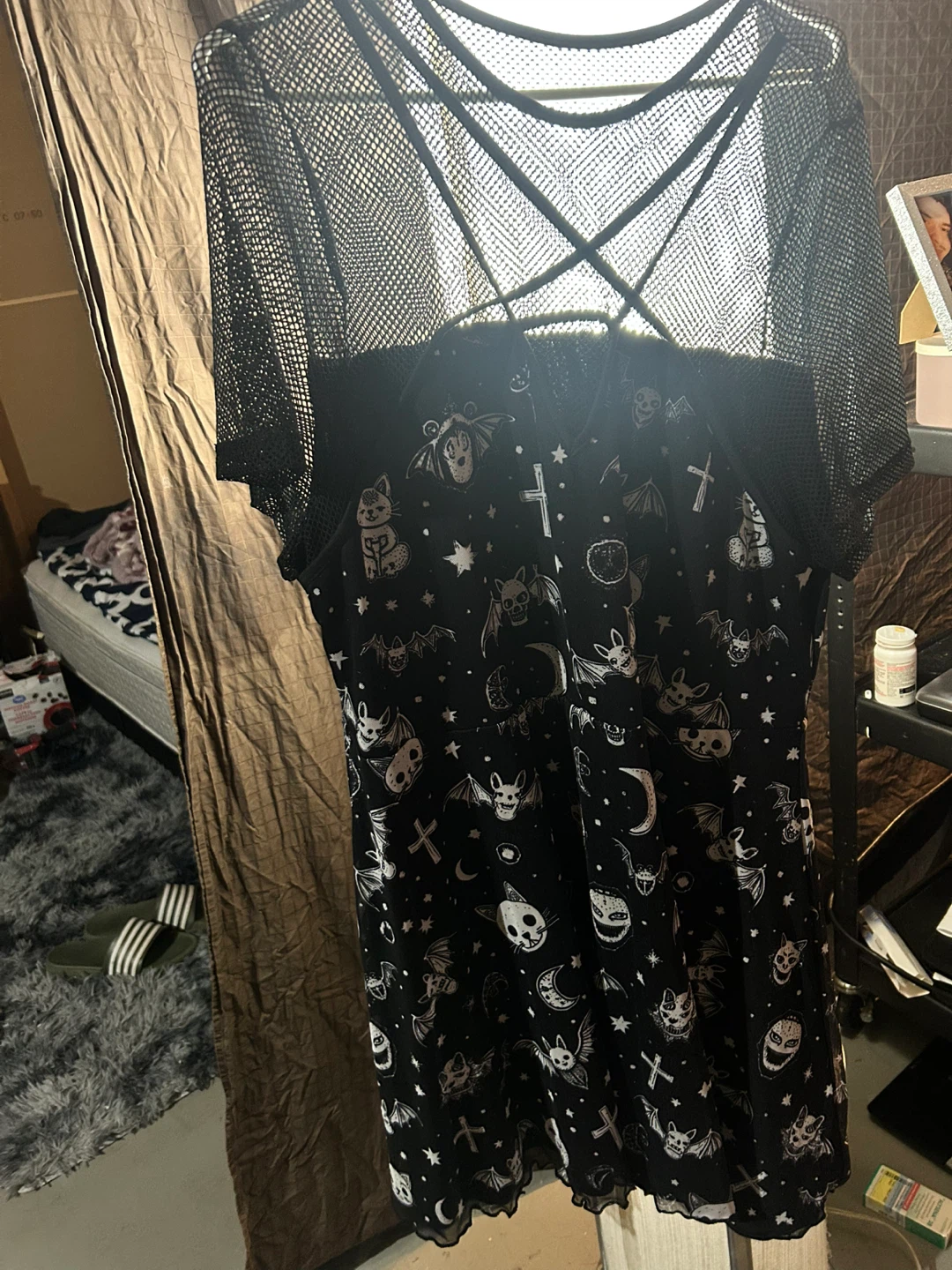 Black Gothic Print Dress with Mesh Overlay - photo 2