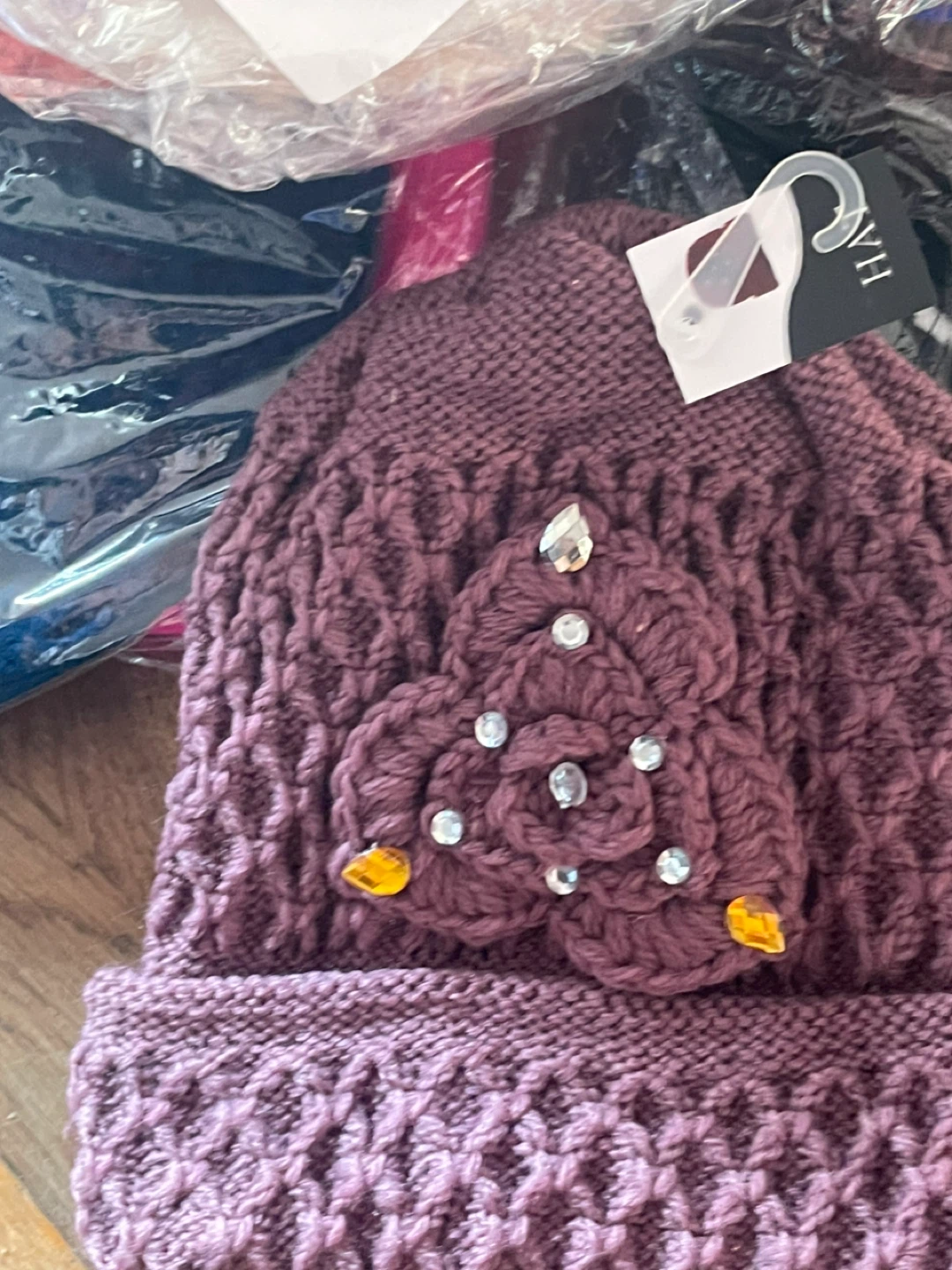 Knitted Beanie with Gemstone Flower Accent - photo 2