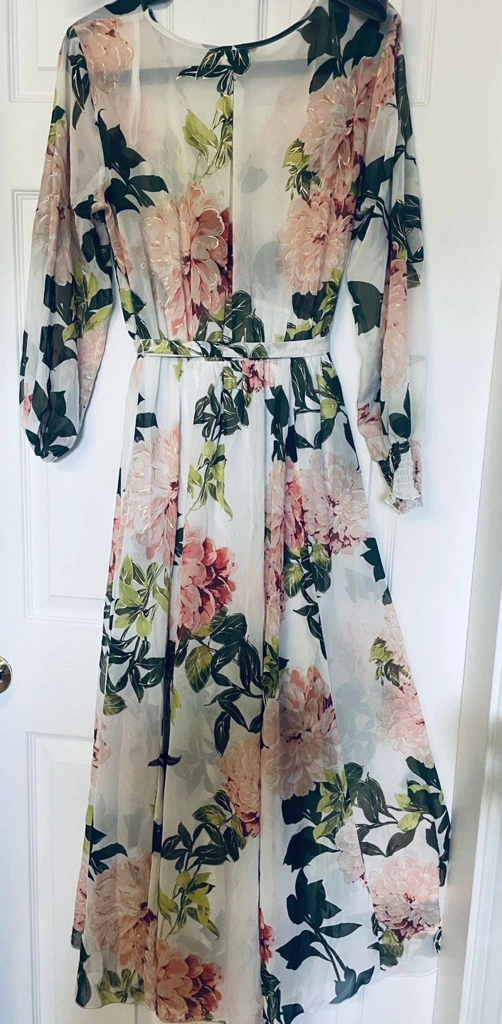 Sheer Floral Maxi Dress with Gold Accents