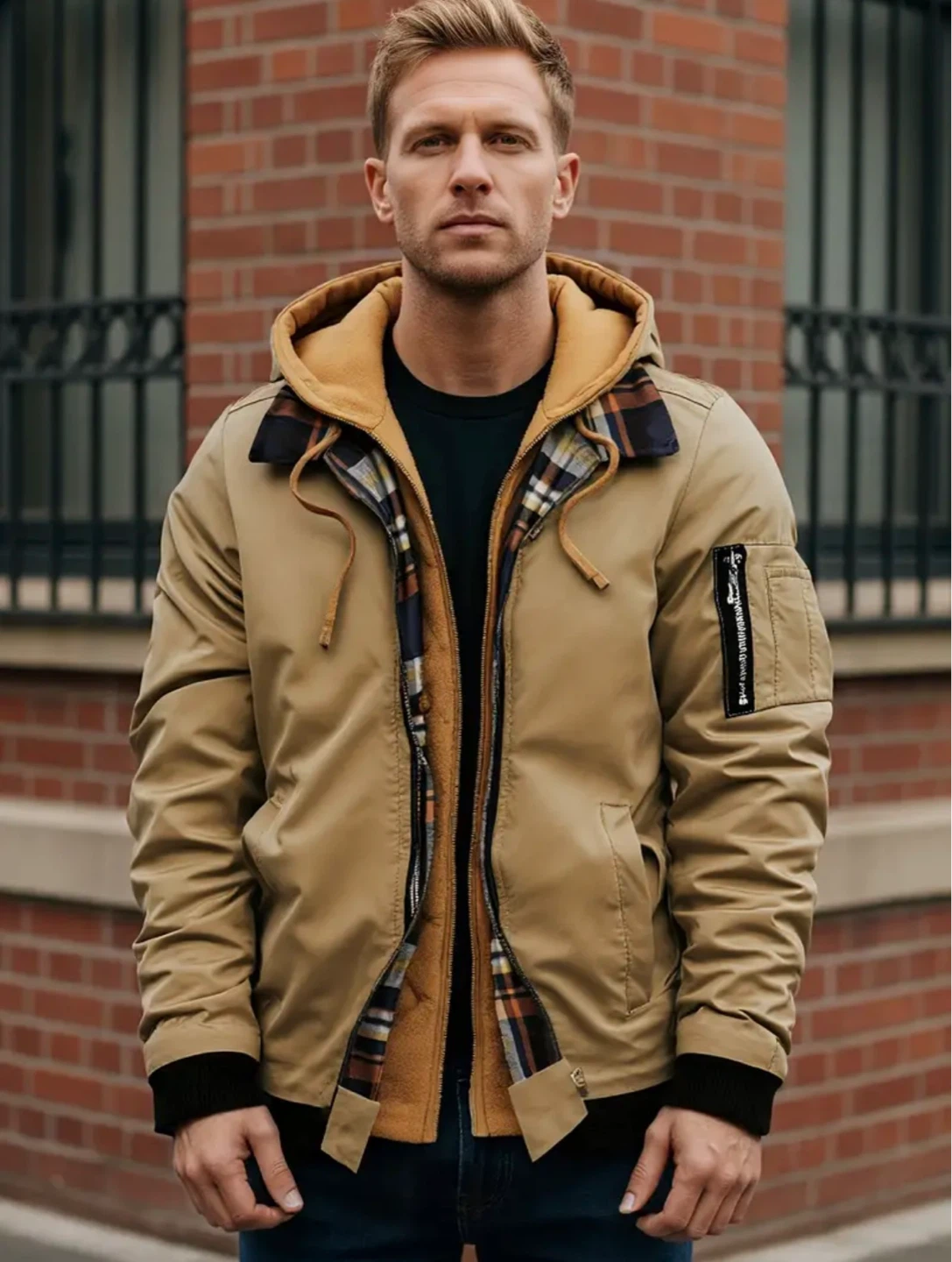 New Men's Tan Bomber Jacket with Hood - photo 2
