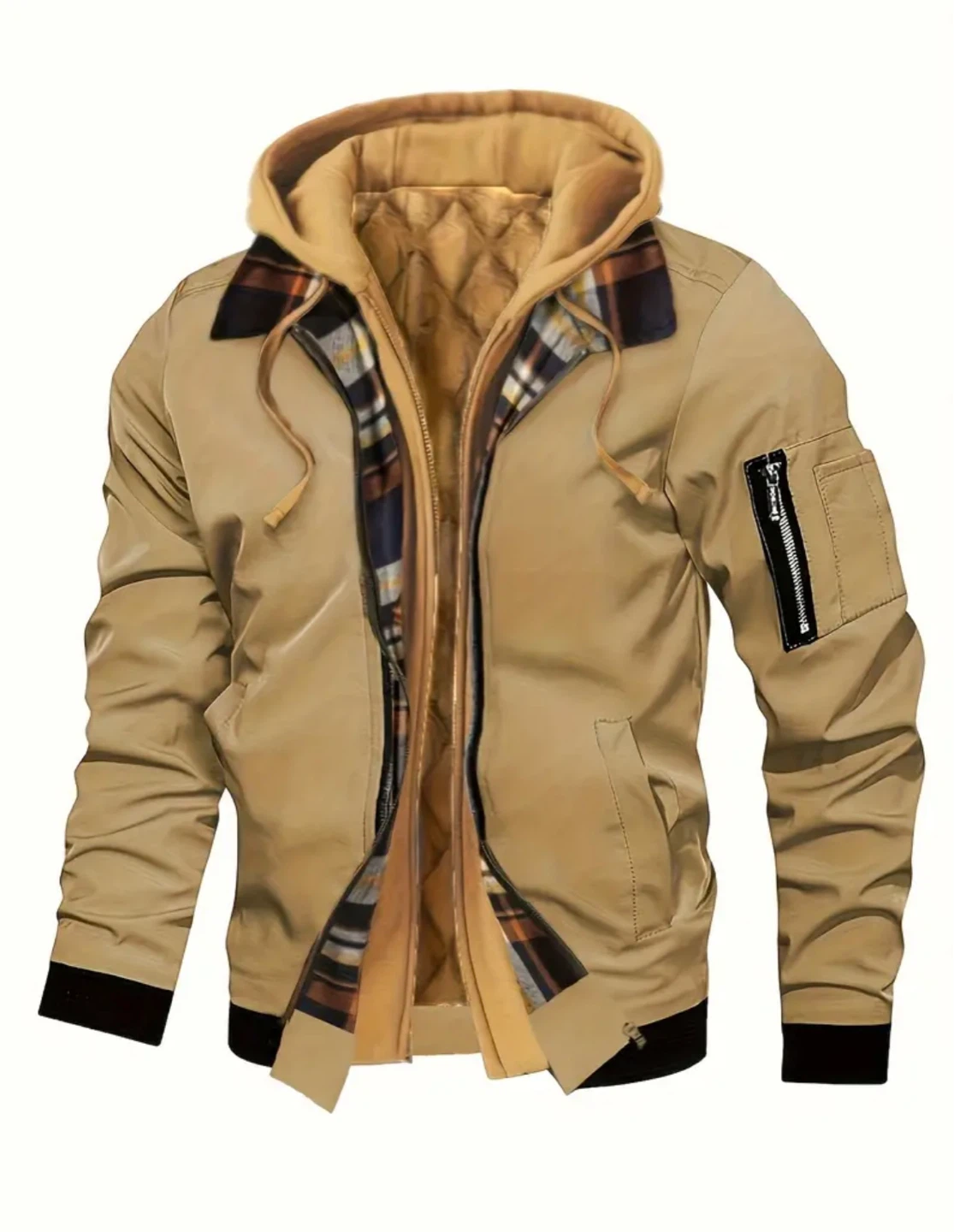 New Men's Tan Bomber Jacket with Hood