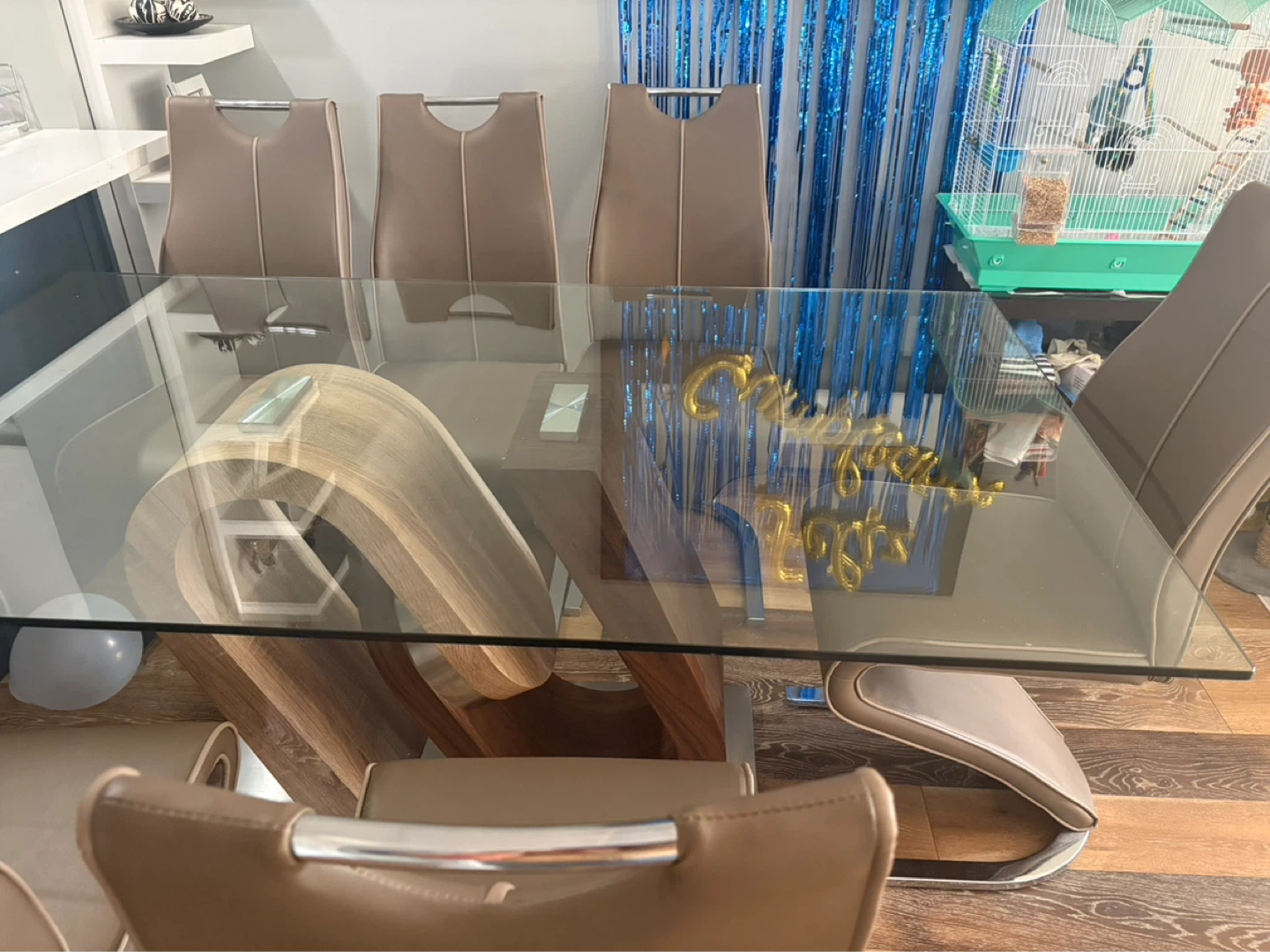 Glass Dining Table with Faux Leather Chairs - photo 2