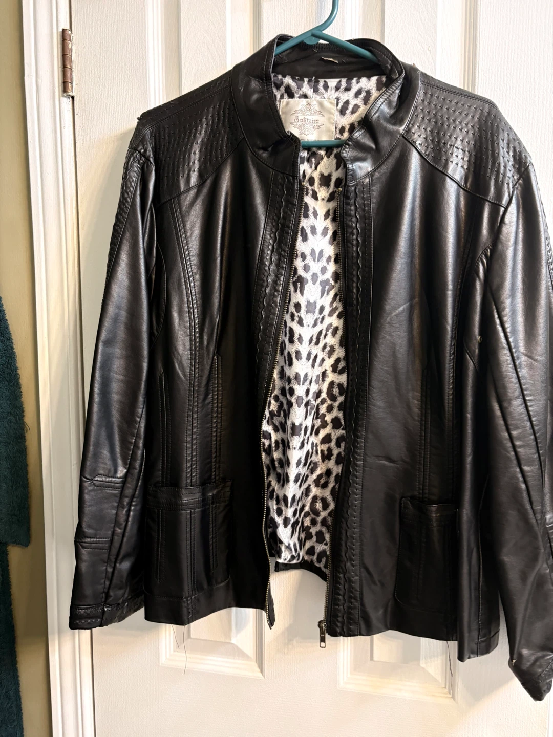 Solitaire Faux Leather Jacket with Leopard Print Lining - photo 3
