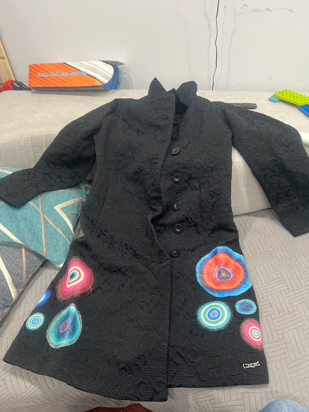 Desigual Black Embroidered Coat with Colorful Accents Size 40