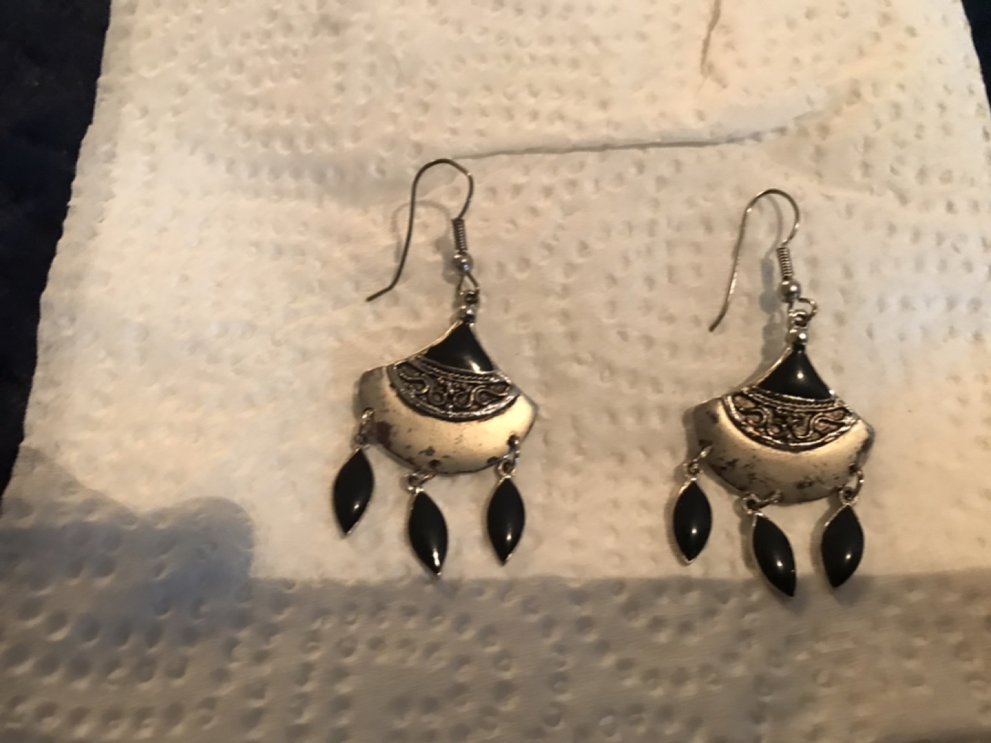 Silver Tone Chandelier Earrings with  Black stones