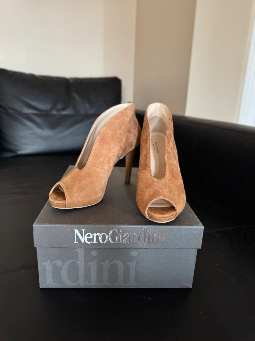 Nero Giardini Brown Suede Peep-Toe Heels Size 36