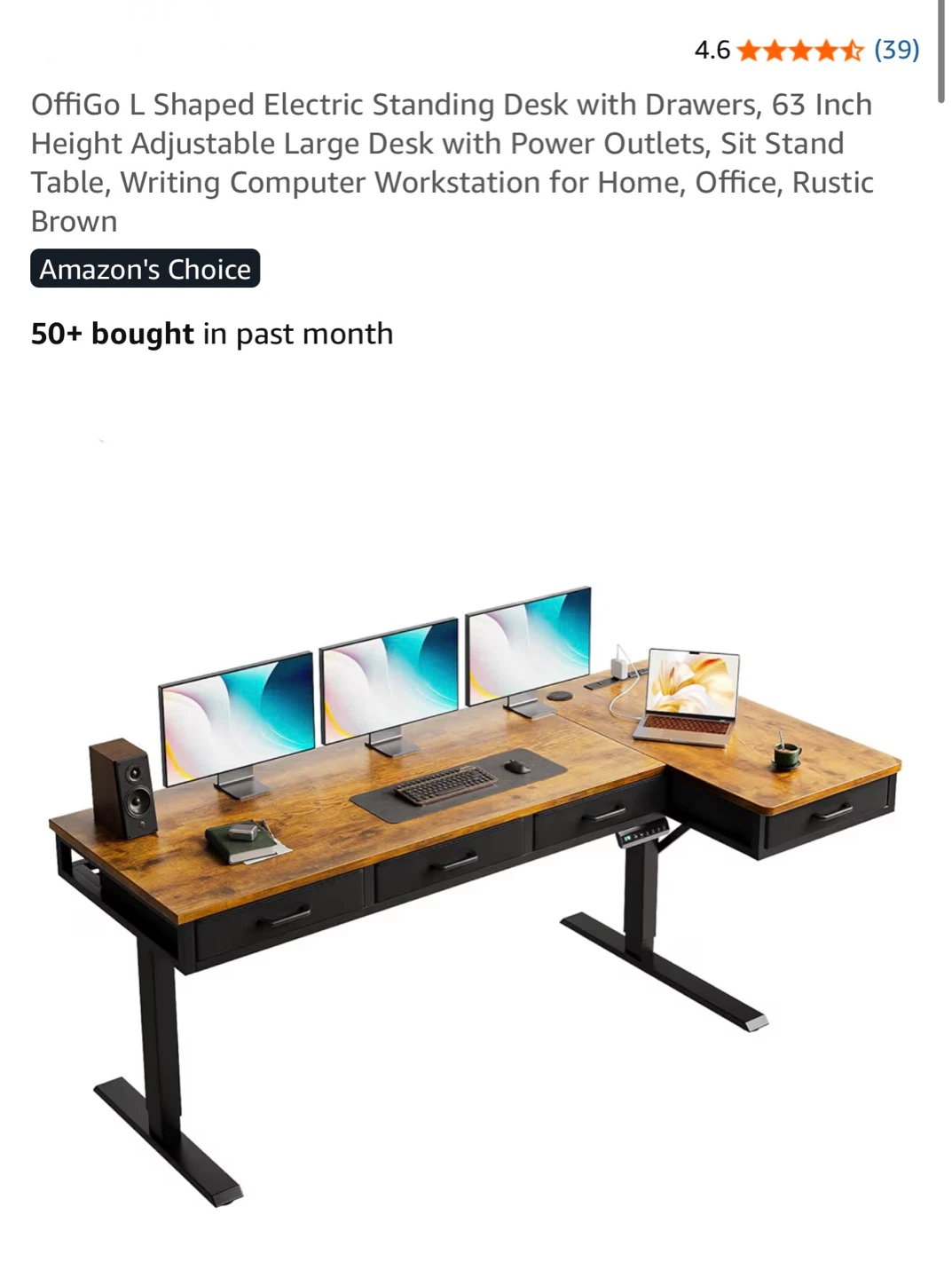 63” L Shaped Electric Standing Desk - Rustic Brown