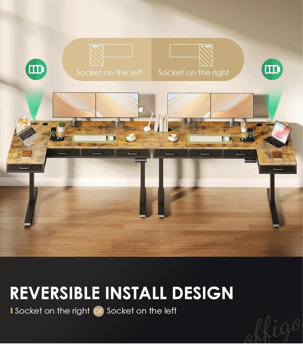 63” L Shaped Electric Standing Desk - Rustic Brown - photo 5