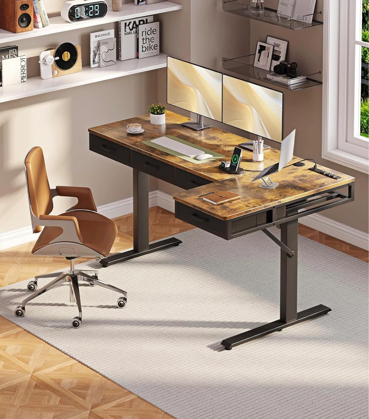 63” L Shaped Electric Standing Desk - Rustic Brown - photo 2