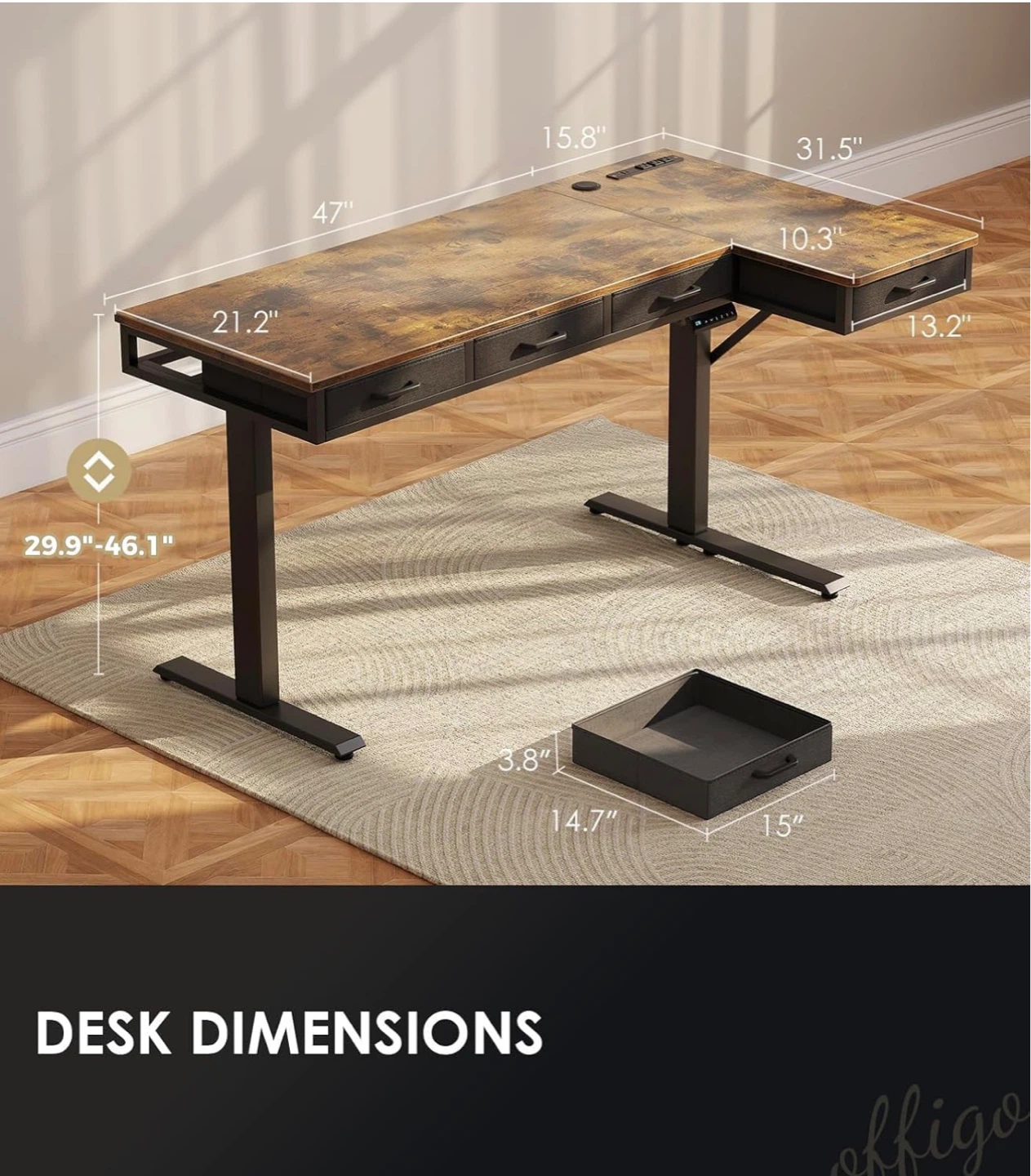 63” L Shaped Electric Standing Desk - Rustic Brown - photo 3