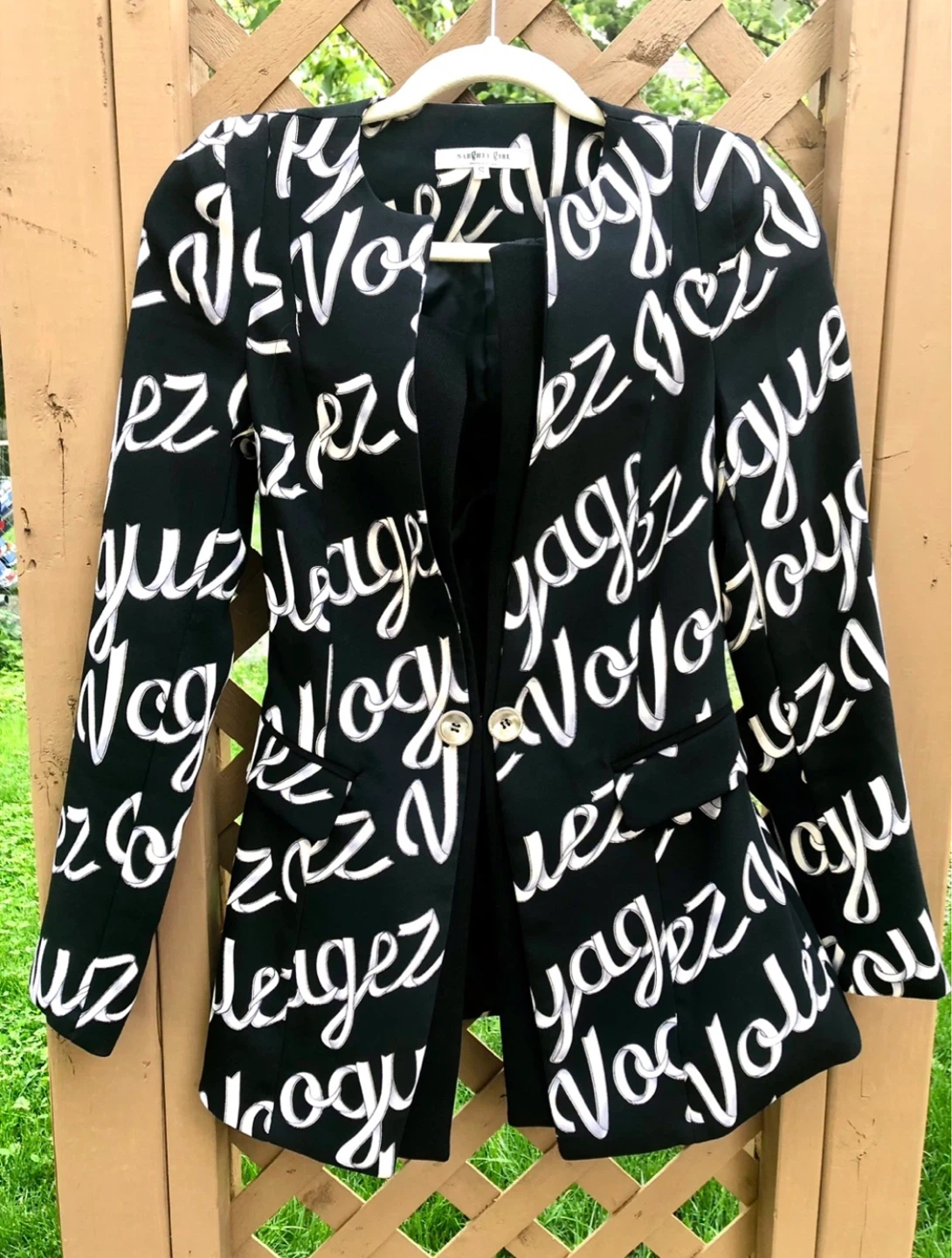 Black and White Script Print Blazer