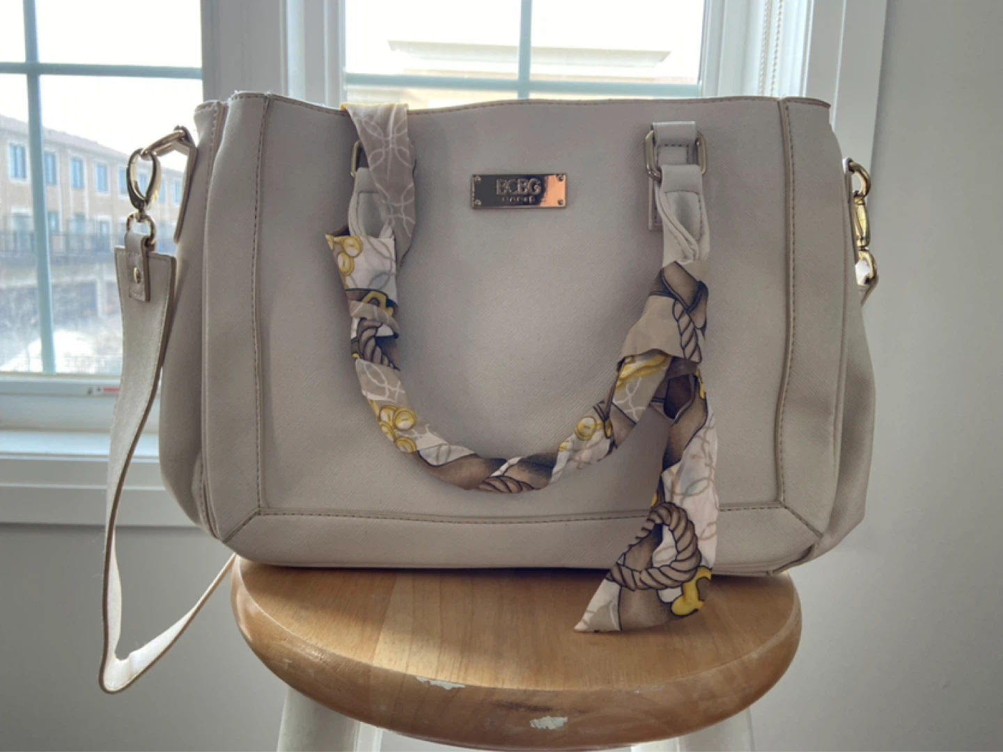 BCBG Paris Cream Satchel Handbag with Scarf Accent