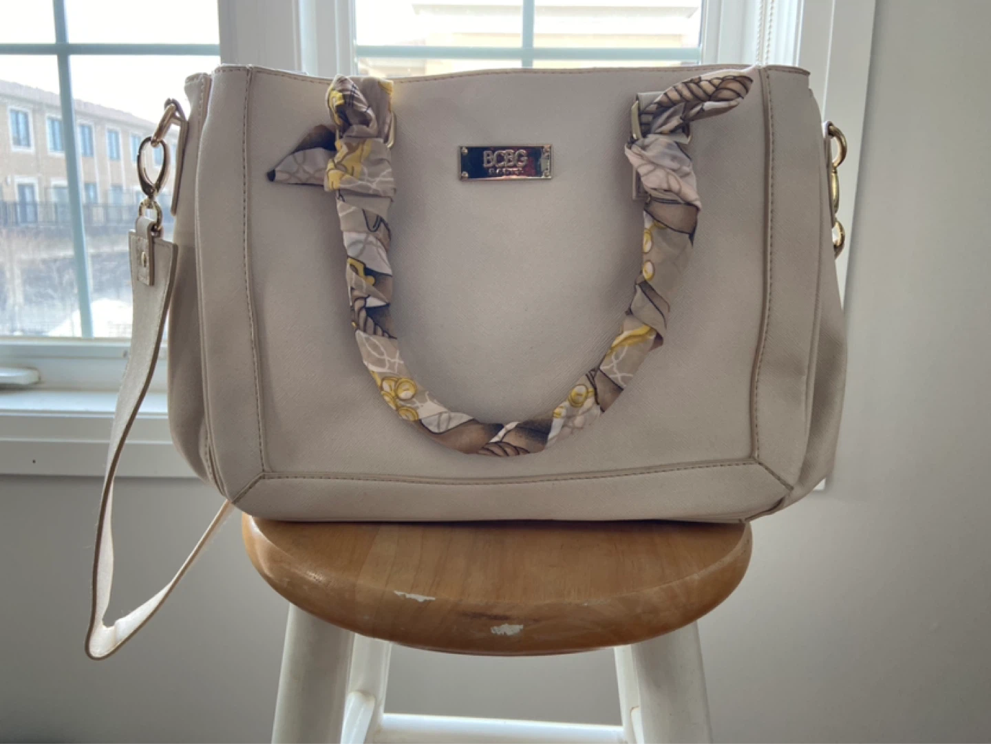 BCBG Paris Cream Satchel Handbag with Scarf Accent - photo 2