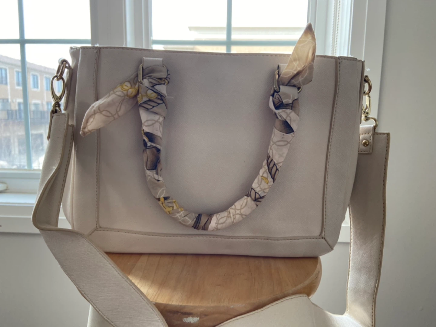 BCBG Paris Cream Satchel Handbag with Scarf Accent - photo 3