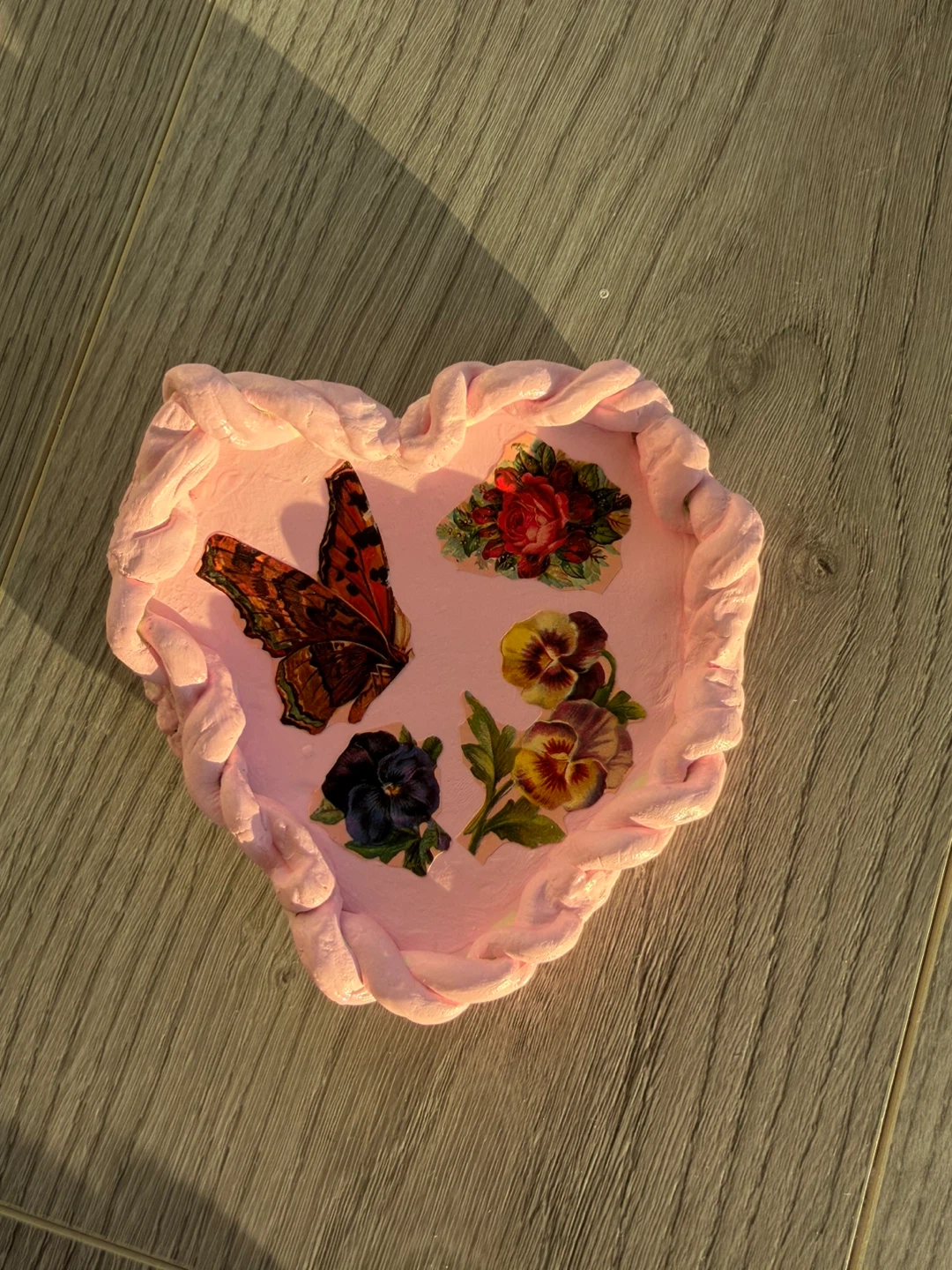 Handmade Pink Heart Tray with Butterfly and Flowers