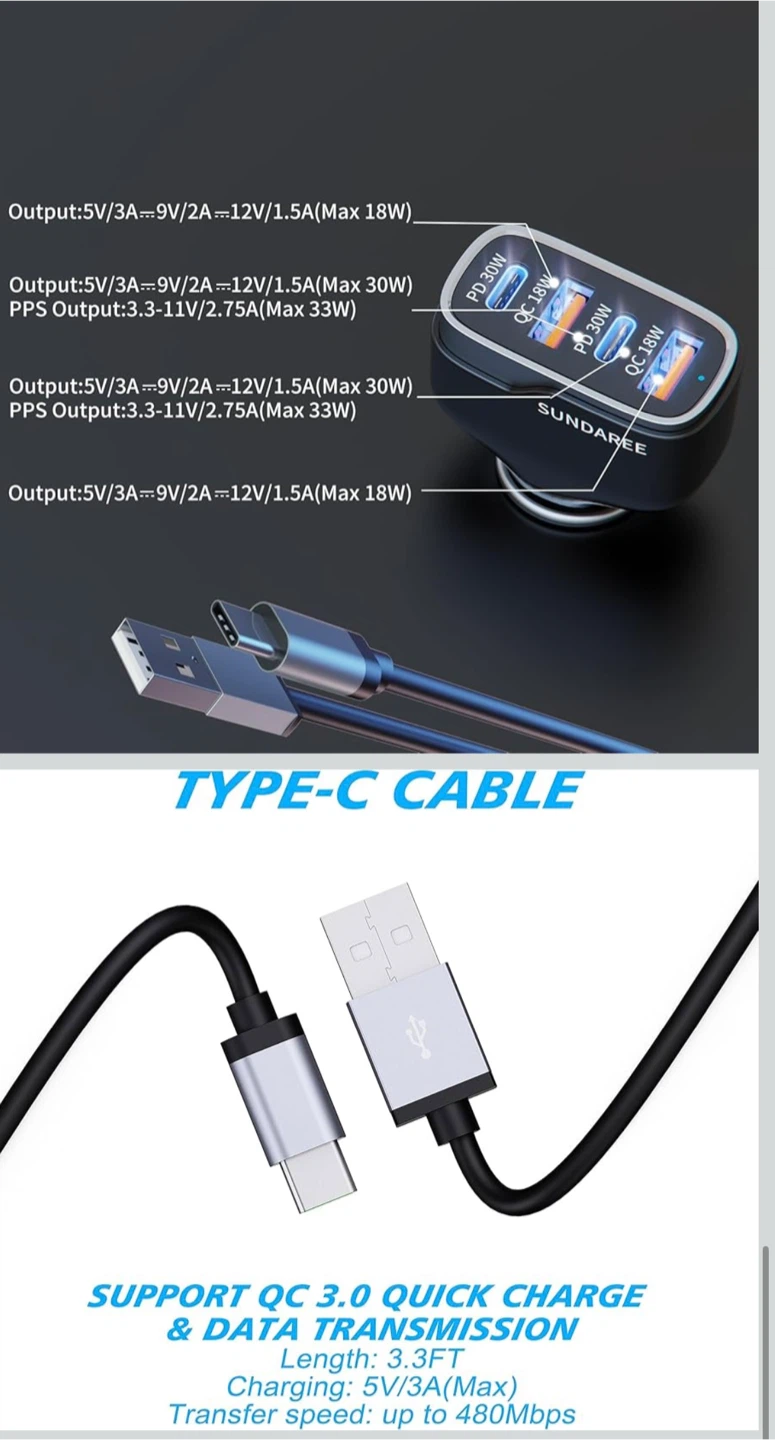 NEW - SUNDARiee 60W 4-Port USB C Car Charger - photo 5