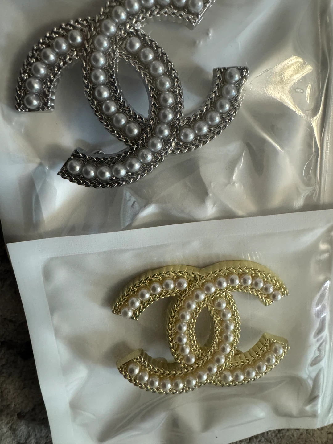 Gold and Silver CC Brooch with Pearls high quality