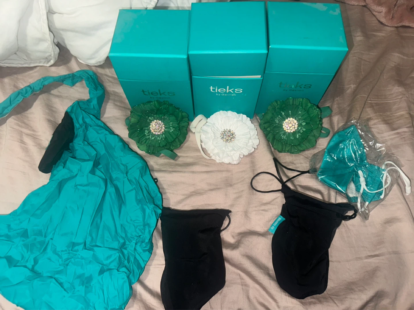 TIEKS boxes w/Flowers, bag, pouches & mask-