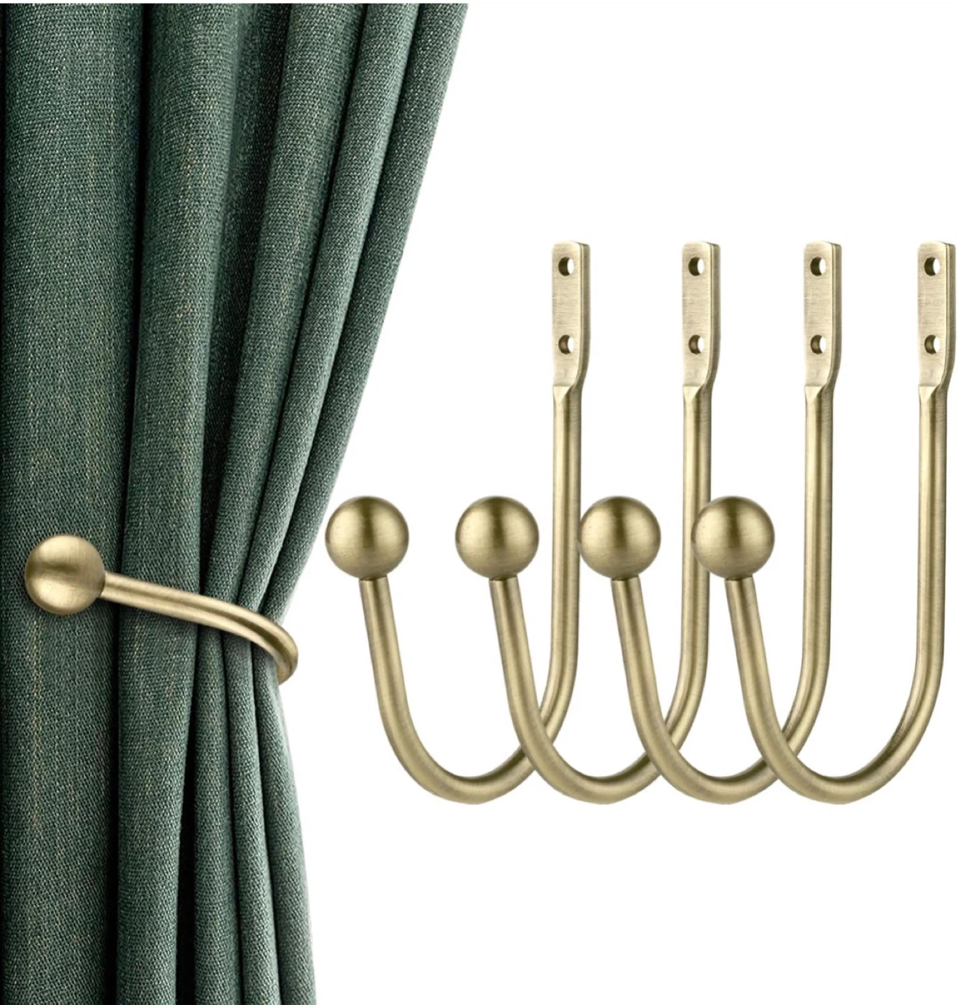 Brass Curtain Tie Back Hooks Wall Mount Set