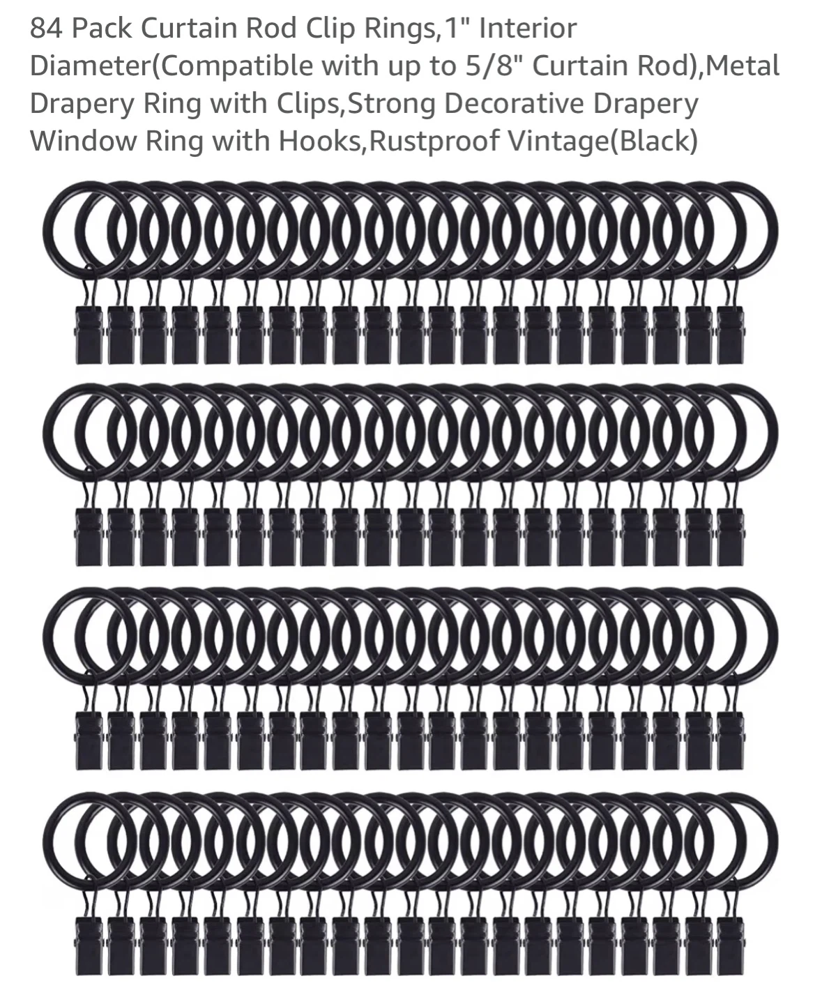 84 Pack Curtain Rod Clip Rings, Black Metal