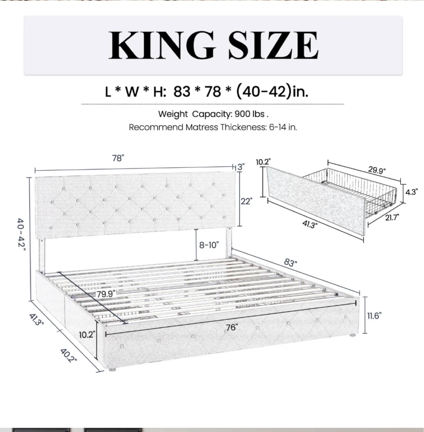 King Size Upholstered by Platform Bed Frame with Drawers - Gray