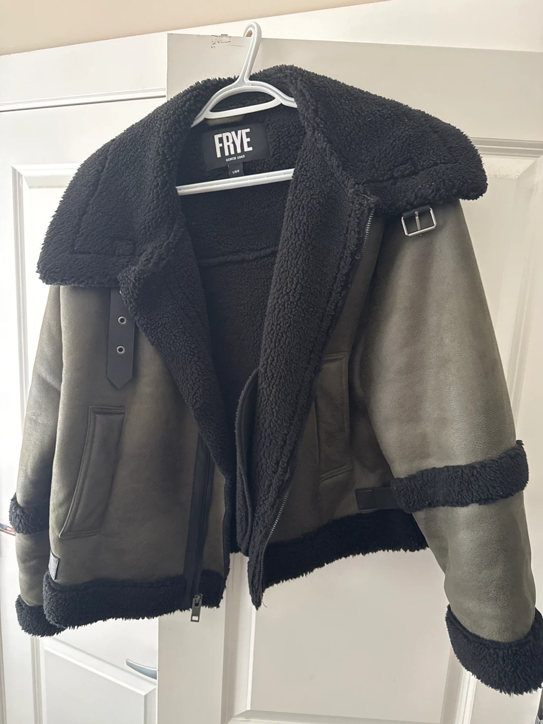 FRYE Shearling Lined Aviator Jacket - Olive Green - Size L