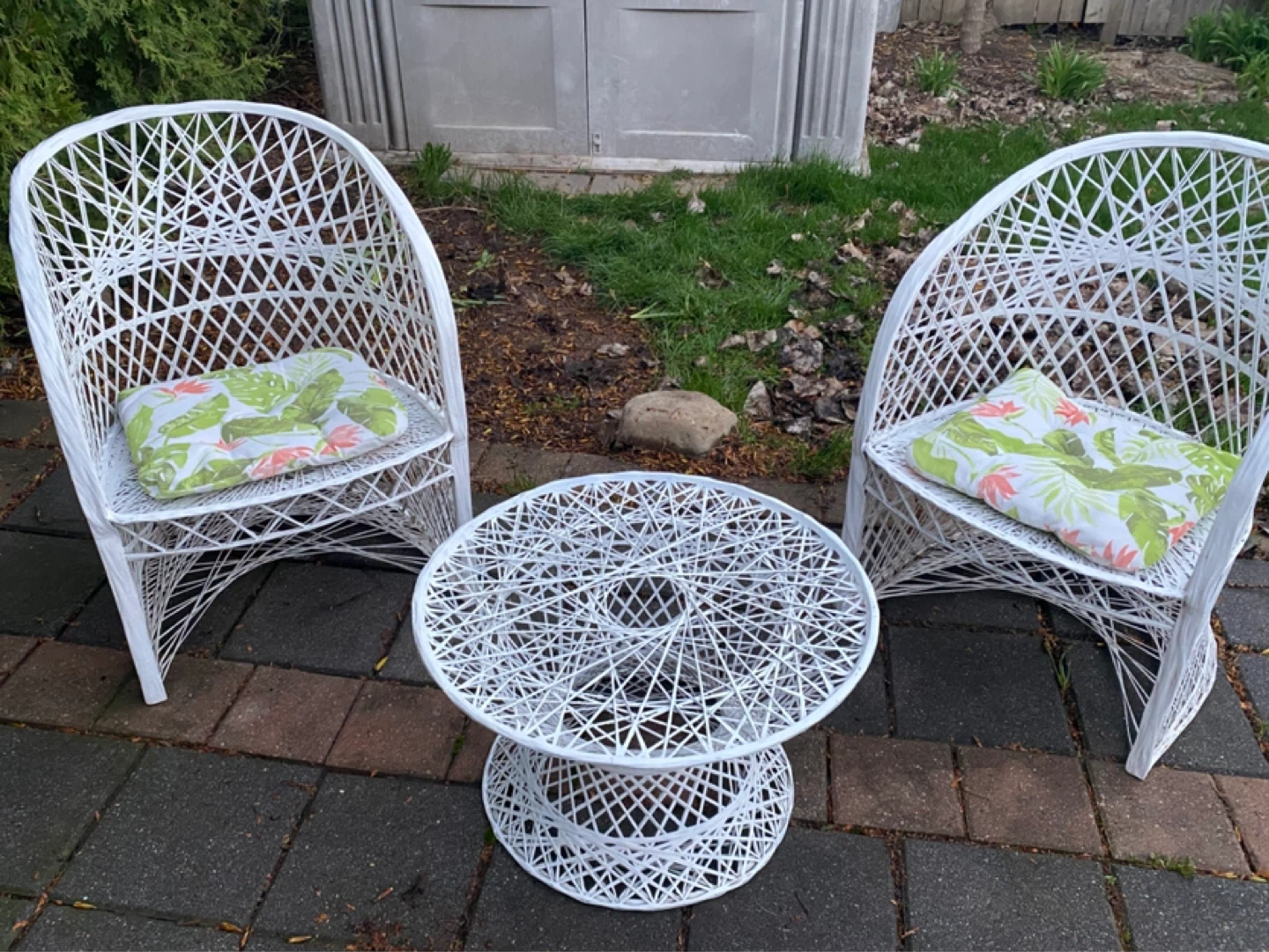 3 Piece White Wicker Patio Set with Chairs and Table