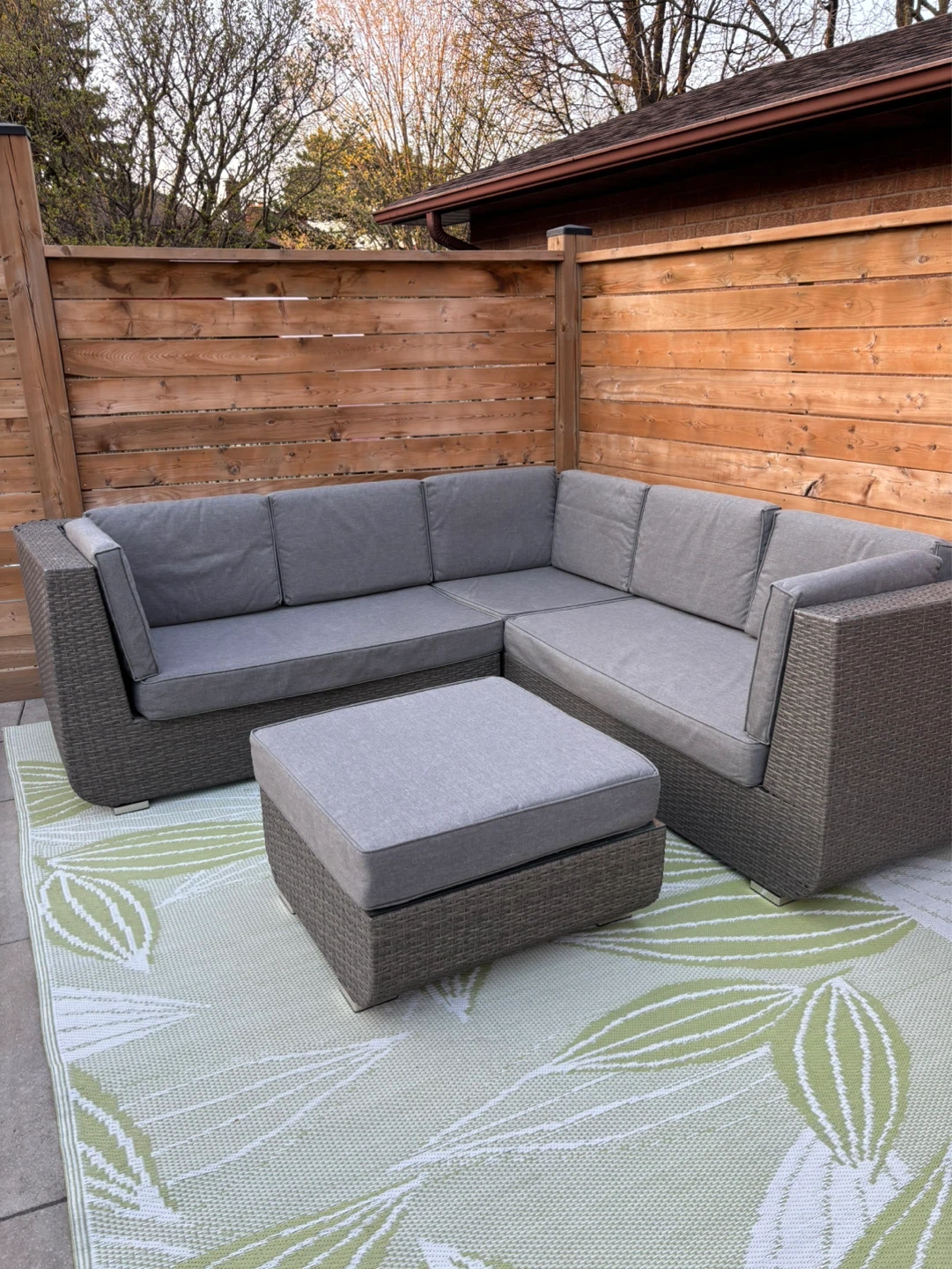 Grey Rattan Sectional Sofa with Ottoman