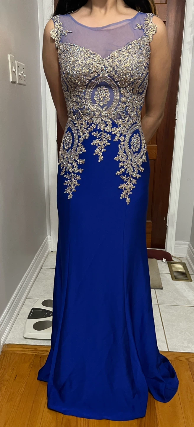 Blue and Silver Embellished Evening Gown