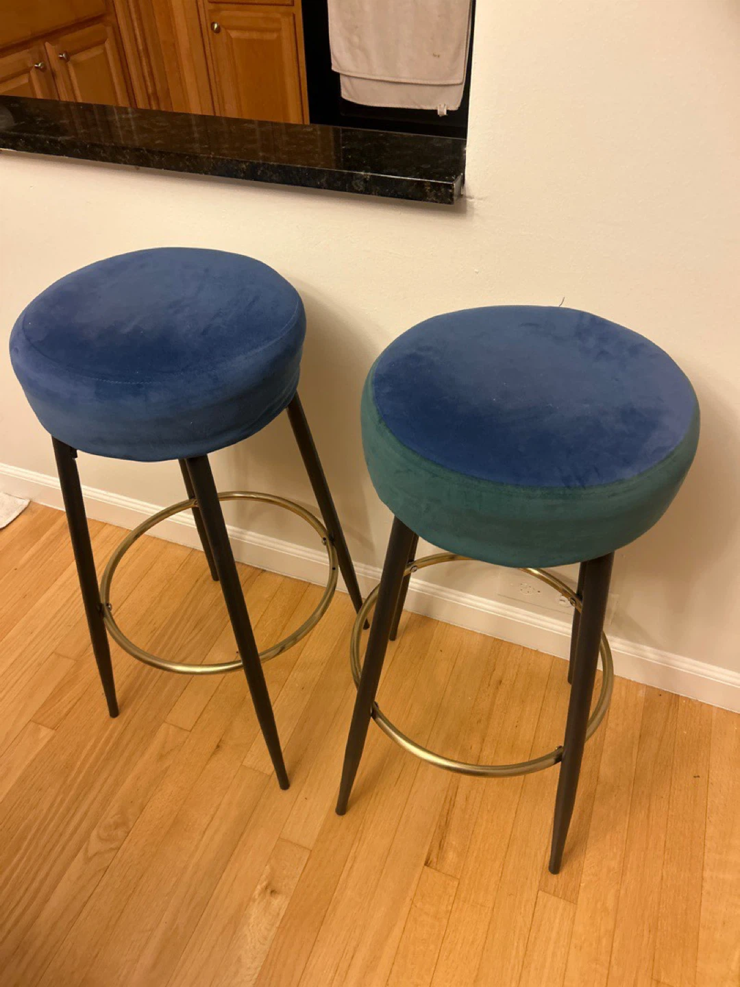 Set of 2 Blue Velvet Bar Stools with Gold Footrest